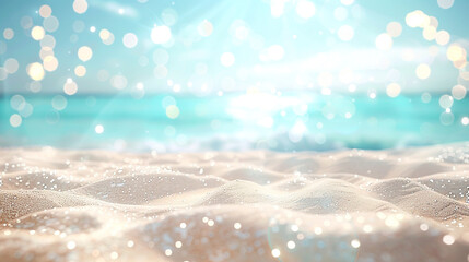 Wall Mural - Serene atmosphere with warm sands under a light blue sky sparkling with bokeh lights,