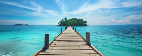 Wooden pier to tropical island on the blue ocean with blue sky