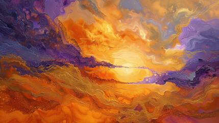 Wall Mural - Dreamlike sunrise in shades of orange, purple, and gold on an abstract oil canvas, creating a surreal scene,