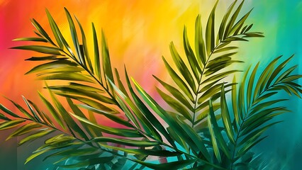 Tropical palm leaves on color background