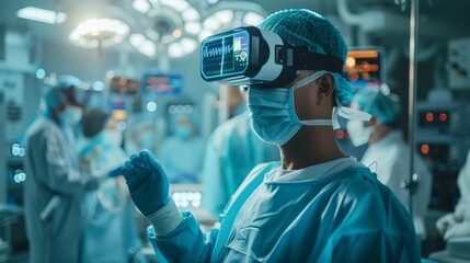 Healthcare Innovation: a scene of a doctor using augmented reality for surgery planning, surrounded by futuristic medical equipment and digital interfaces.