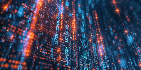 A digital big data and binary data flow or stream background with technology lines. Big data technology, transferring datum, artificial intelligence, machine learning, speed transfer concepts.