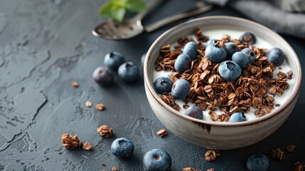 Canvas Print - Chocolate granola with milk and blueberries for breakfast