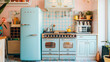 © wannapong - A retro kitchen setup with pastel-colored appliances, patterned wallpaper, and chrome accents, representing mid-century home decor