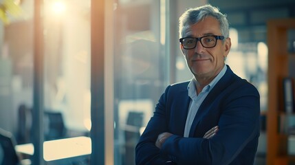 Portrait of mature businessman with arms crossed in his office : Generative AI