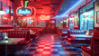 © wannapong - A retro-inspired diner scene with neon signs, checkered floors, and red vinyl booths, evoking nostalgia for the 1950s
