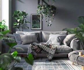 A beautiful, best-seller interior design wallpaper showcasing a cozy living room filled with green plants and soft textiles for a tranquil atmosphere