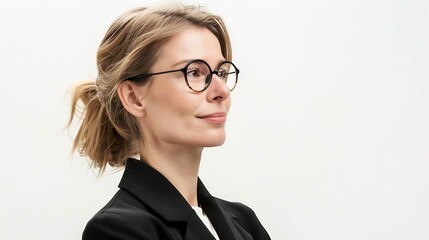 Middle age beautiful businesswoman wearing glasses standing over isolated white background looking to side relax profile pose with natural face and confident smile : Generative AI