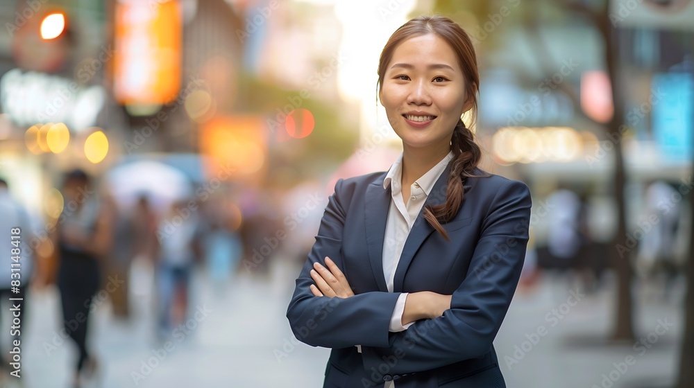 Young confident smiling Asian business woman standing on busy street ...