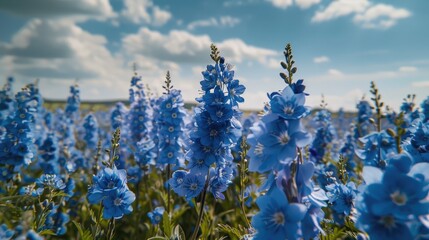 Field of bright delphinium blossoms in Wick Pershore Worcestershire