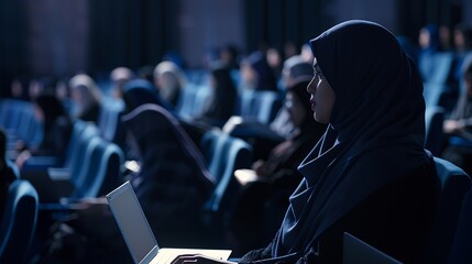 Arab Female Sitting in a Dark Crowded Auditorium at a Human Rights Conference Young Muslim Woman Using Laptop Computer Activist in Hijab Listening to Inspiring Speech About Global Init : Generative AI