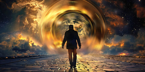 Wall Mural - time traveller about to move through the time portal - dark silhouette of a man walking along a bloc