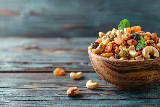 Mixed nuts and dried fruits in wooden bowl on wooden background. Healthy snack, mix of organic nuts and dry fruits