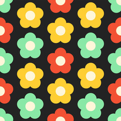 Sticker - Multicolored stylized flowers on black background. Vector seamless pattern. Best for textile, wallpapers, wrapping paper and your design.