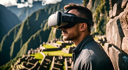 Wall Mural - Man with VR glasses in Machu Picchu.