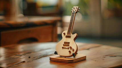 Wooden Electric Bass Guitar Miniature as Musician Interior Decoration Blurry Indoor Background with Copyspace