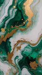 Abstract marble design with green, white, and gold accents and floral motifs in alcohol ink