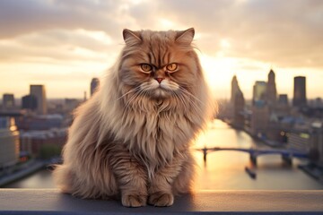 Portrait of a funny british longhair cat while standing against vibrant city skyline