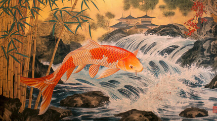 Wall Mural - koi fish in waterfall