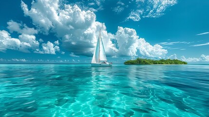 sailing boat in the turquoise ocean water on a sunny day with a blue sky and white clouds panoramic 