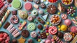 © Jelena - colorful assortment of festive sweets and candies panoramic overhead view confectionery background