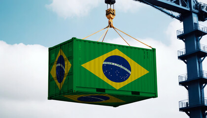 Freight containers with Brazil flag, clouds background