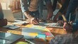 © AI Lab - Team brainstorming process Photo young creative managers crew working with new startup project in modern office Contemporary notebook on wood table Horizontal film effect : Generative AI