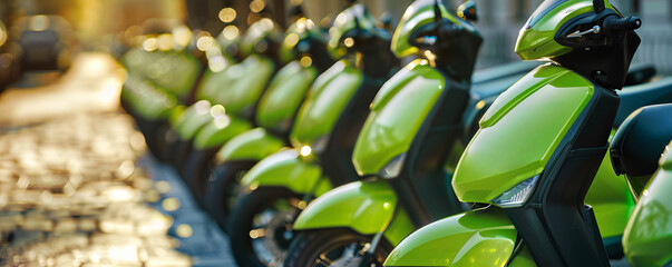 Wall Mural - Green electric mopeds standing in city. E vehicle for rent. Urban modern transportation and technology concept.