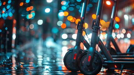 Wall Mural - Row of electric scooters parked in the city, blurred light city in background