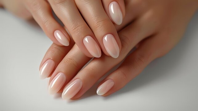 Close-up of a woman's hands with perfectly manicured nails on a white background, showcasing their elegance and femininity for beauty campaigns.