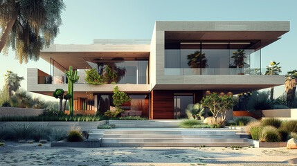 Wall Mural - A modern house with a geometric facade, featuring a combination of different textures and materials.