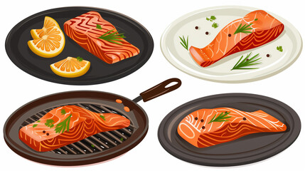 collection of four different grilled salmon dishes served on various plates and pans. Each salmon fillet is garnished with herbs and accompanied by lemon slices, showcasing a variety of appetizing pre