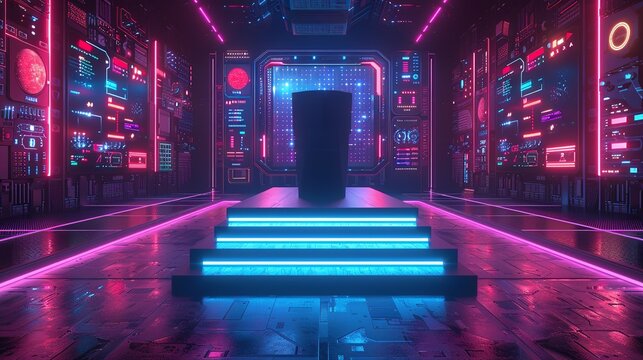 A simple, angular podium with a matte black finish, accented by pulsing blue and pink LED lights, set against a backdrop of neon-lit digital interfaces. Minimal and Simple style