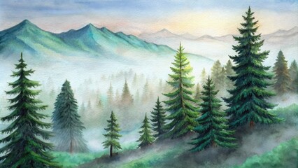 Poster - Misty pine forest with mountains in the distance