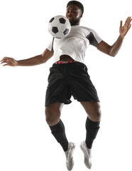 Young African man, male football soccer player training, hitting ball with chest isolated on transparent background. Concept of sport, competition, tournament, hobby, active lifestyle