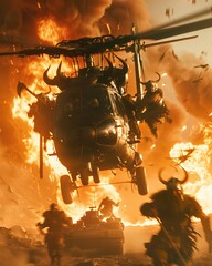 Wall Mural - Intense battle scene with a helicopter surrounded by soldiers in a fiery landscape