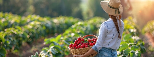 Wall Mural - Woman farmer with strawberries in the field. Selective focus.