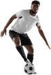 © master1305 - Dribbling the ball. Young African man, male football soccer player training isolated on transparent background. Concept of sport, competition, tournament, hobby, active lifestyle