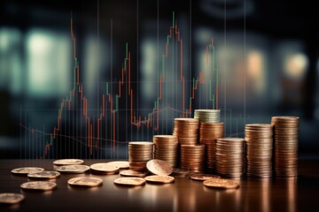 Stacked coins with a background of graphs and statistics, showing economic growth. AI image generated