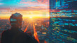 © Niko - closeup photo of tech savvy developer with code, observing city view. double exposure, software city background. space for your coding message. wide, sunrise effect. generative ai