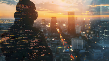 closeup photo of tech savvy developer with code, observing city view. double exposure, software city background. space for your coding message. wide, sunrise effect. generative ai