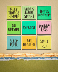 Wall Mural - healthy lifestyle reminders, a set of colorful notes on. art paper, personal development concept