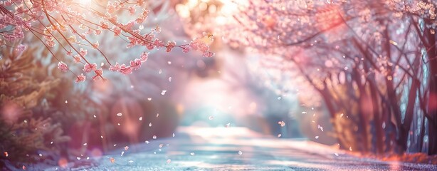 Poster - Ethereal cherry blossoms sprinkling petals over a misty path is the epitome of a best-seller wallpaper or background