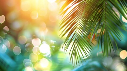 summer beach with tropical palm leaves summer background.