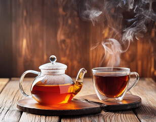 Wall Mural - Hot tea in glass teapot and cup with steam