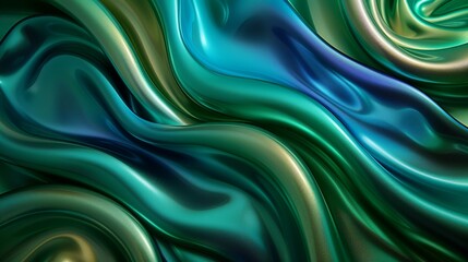 Wall Mural - A modern, abstract fabric design with swirling lines and curves in vibrant, metallic colors like emerald green and royal blue, creating a beautiful and shiny background. Minimal and Simple style