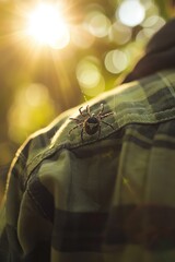 A tick in the park on clothes. Selective focus.