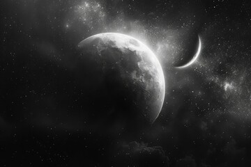 Monochrome depiction of the moon with a crescent and a starstudded galaxy backdrop