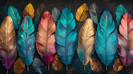 Wall Mural - A beautiful, shiny fabric pattern featuring abstract, metallic feathers in vibrant colors like turquoise, magenta, and gold, against a dark background. Minimal and Simple style