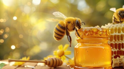 Bee on a jar of honey. Selective focus.